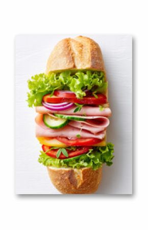 Minimalist depiction of fresh hoagie roll loaded with vibrant vegetables and meats. Clean white backdrop enhances product focus. Concept of culinary arts, food service, sandwich shop