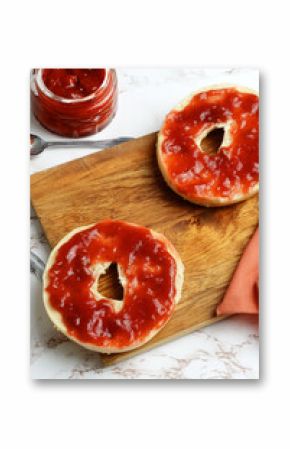 high angle view bagel with strawberry rhubarb jam