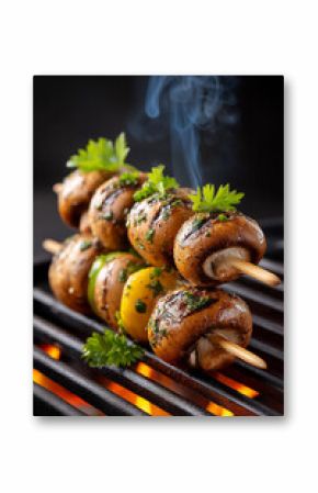 Vegan mushroom skewers grilling with smoky char marks, garnished with fresh herbs. Dark background enhances vibrant colors. Concept of plant-based cuisine, healthy eating, outdoor cooking