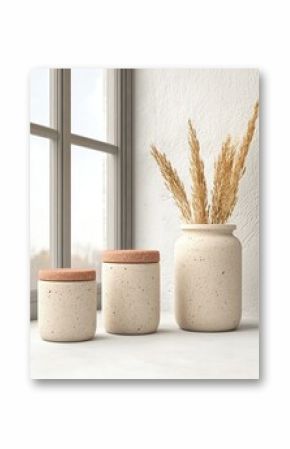 Speckled Ceramic Jars with Wooden Lids and Dried Flowers