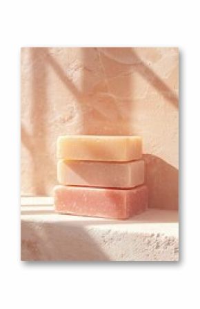 Stack of Three Pastel-Colored Soap Bars on a Light Stone Surface