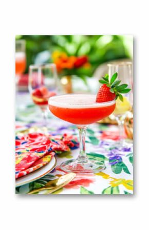 Stylish table setting with Strawberry Daiquiri and colorful floral accents for a summer gathering