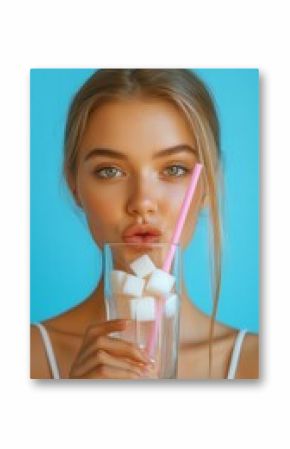Young woman holds a glass filled with sugar cubes and a pink straw, symbolizing the choice to avoid sugary drinks and embrace a low sugar lifestyle for better health
