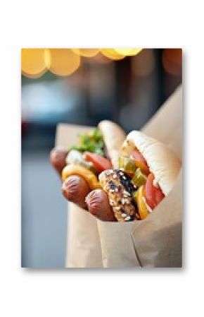 Two Gourmet Hot Dogs in Brown Paper Bags at Night