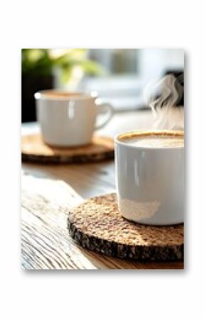 Two Steaming Cups of Coffee on Rustic Wooden Table in Sunlight