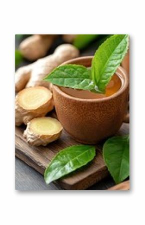 Warm Ginger Tea in Rustic Wooden Cup
