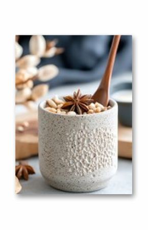 Warm Oatmeal with Star Anise and Pine Nuts in a Speckled Mug