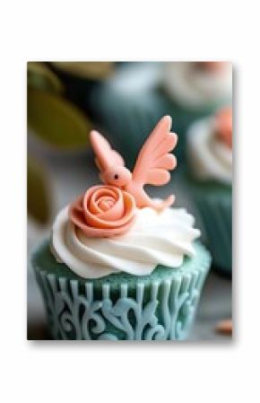Whimsical Teal Cupcake with Peach Rose and Bird Decoration