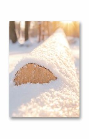 Snow Covered Pine Log in Winter Forest at Sunrise