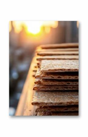 Stacked Wooden Planks at Sunset with City Skyline