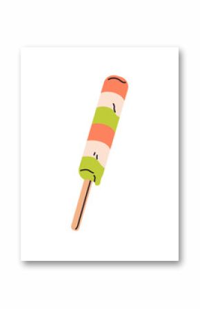 Fruit ice cream with colourful layers. Icon of melted icecream on wooden stick. Delicious popsicle, frozen milk dessert, cold summer dairy snack. Flat isolated vector illustration on white background