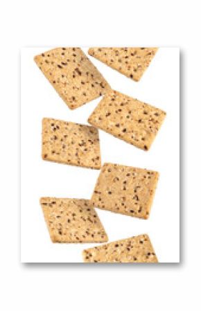 Multiple multigrain crackers levitating on transparent background