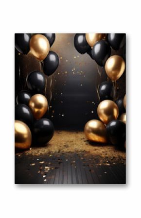 Elegant black and gold balloons with confetti on a dark background. Perfect for celebrations, parties, and luxurious events.