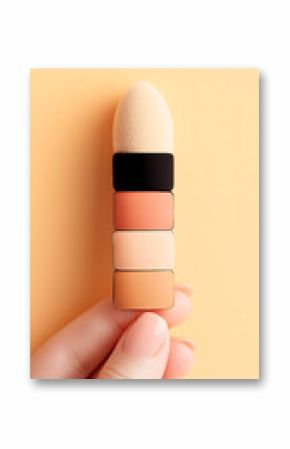 Hand Holding Concealer Palette Swatches Beside Blending Sponge on Peach Background