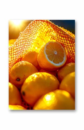 Mesh Bag of Fresh Lemons in Sunlight