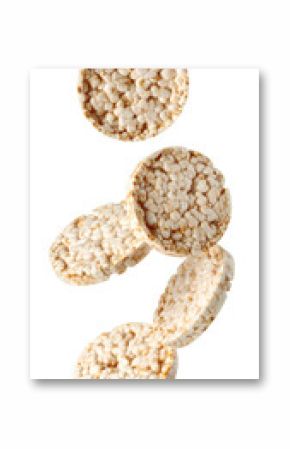 Five rice crackers falling against a transparent background, creating a dynamic and appetizing scene