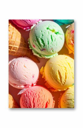 ice cream summer background with colorful scoops and cones