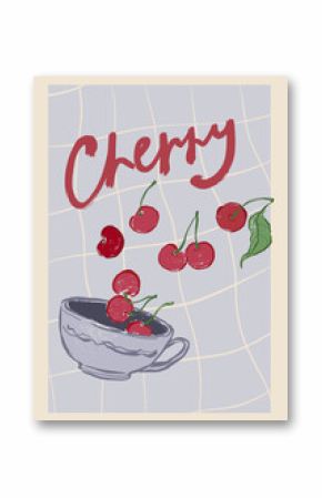 Vector fruit poster of cherry, leaves and cup. Hand-drawn garden harvest sketch. Tasty food illustration for restaurant and cafe interior, fruit market drawing print, fabric or background.