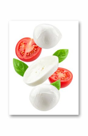 Floating Mozzarella Cheese Slices Red Tomatoes And Green Basil Leaves On Transparent Background