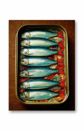 Sardines in Retro Print Packaging Showcased on a Wooden Surface With Colorful Design