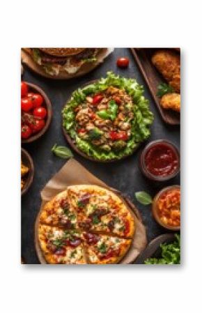 Overhead shot of diverse fast food arrangement including burger, pizza, salad, and fried chicken on dark table