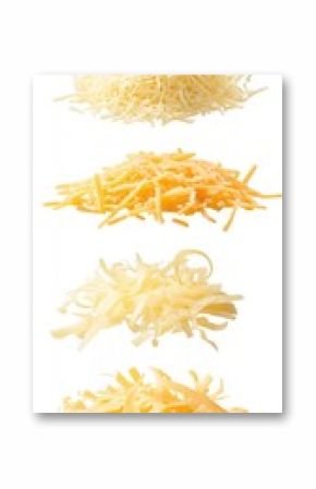 Assorted Shredded Cheese Types Displayed in Piles on White Background Studio Shot Close Up Food Preparation Ingredient