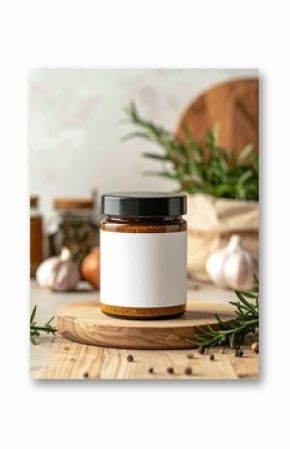 Rustic kitchen scene with jar of honey and rosemary