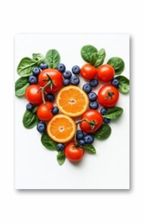 heart-healthy foods to eat daily. Heart-shaped arrangement of oranges, tomatoes, blueberries, and spinach, photographed on a white background, symbolizing healthy eating.