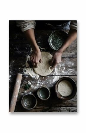 Person is making a pizza on a wooden table