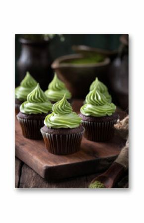 A set of matcha cupcakes with swirls of green tea frosting, delicately placed on a wooden serving board.