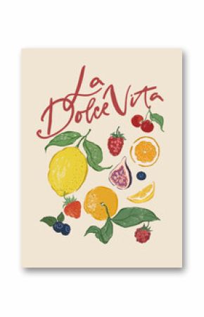 Vector berry poster of lemon, orange, figs and cherry. Hand-drawn garden harvest sketch. Tasty food illustration for restaurant and cafe interior, fruit market drawing print, fabric or background.