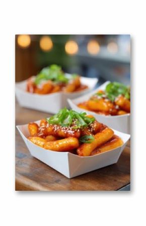 Spicy Korean tteokbokki (rice cakes) in red sauce with sesame seeds and green onions, served in street food stall style container 