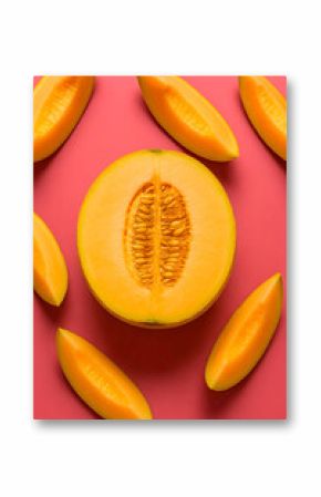 cantalope melon slices isolated on pink background. top view photography