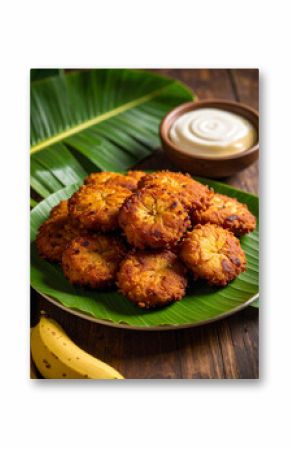 A plate of freshly fried Mauritian gato banane (banana fritters) served on a banana leaf.