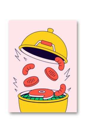 Barbecue grill with flying meat cartoon illustration hand drawn