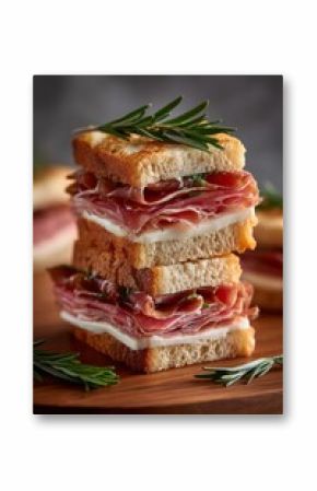 Delicious focaccia sandwiches with prosciutto, mozzarella, rosemary on wooden board. Italian cuisine