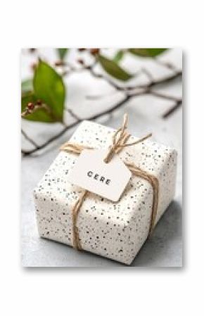 Small Gift Wrapped in Speckled White Paper with a Natural Twine Bow and a Blank Tag