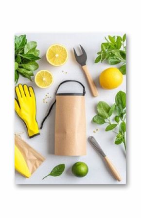 Spring Gardening Flatlay with Tools and Citrus Fruits