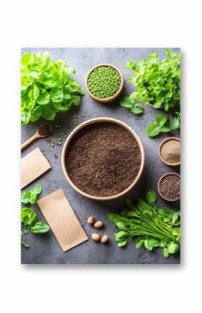 Spring Gardening Flatlay: Seeds, Seedlings, and Pots on Grey Surface