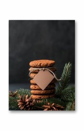Stack of Brown Christmas Cookies with Pine Cones and Fir Branches