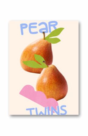 Creative artwork. Two fresh orange pears with green leaves above soft pink curve feel calm and balanced, celebrating natural sweetness. Concept of fruit harmony, natural and organic product, farming