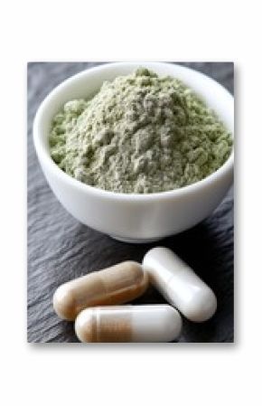 Green powdered root and multivitamin soft gel capsules are arranged in a terracotta bowl with scattered empty capsules surrounding them