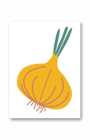 Ripe yellow onion featuring vibrant green sprouts, isolated against a clean white background, representing a healthy organic vegetable and a versatile ingredient for cooking