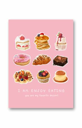 collection of sweet desserts vector illustration on pink background hand drawn - not auto trace  