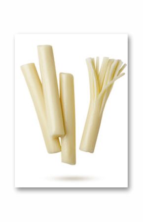 Cheese string cheese sticks flying on a white background. Isolated