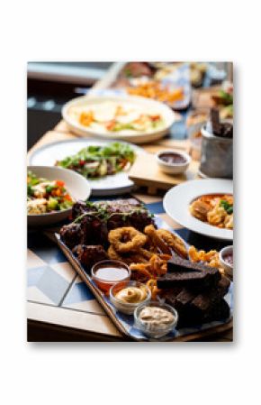 An enticing spread of dishes fills the wooden table, featuring crispy appetizers, fresh salads, and hearty entrees. Diners are drawn to the colorful presentation and rich aromas
