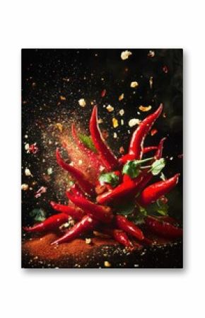 Chili peppers and spices flying in the air creating a vibrant explosion of flavor, perfect for cooking, cuisine, food photography, and spice marketing.