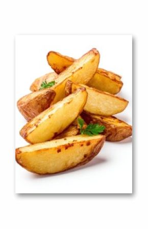 Crispy baked potato wedges with golden brown edges and fresh green herb garnish