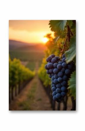 Vineyard grapes at sunset. Ripe purple grapes in a vinery, rows of grape vines. Beautiful autumn light in Tuscan agriculture landscape. Harvest time. Red wine production.