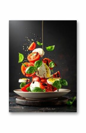 Caprese salad ingredients suspended mid-air, drizzled with oil, on a dark backdrop.